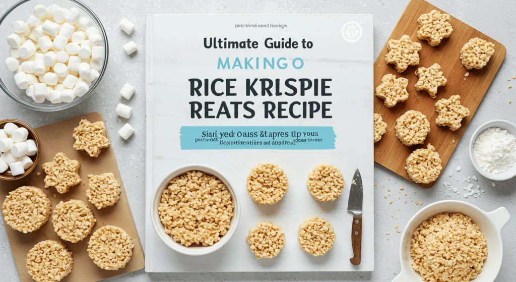 A cookbook cover showcasing creative Rice Krispie treats shaped as stars and circles, surrounded by marshmallows and ingredients.