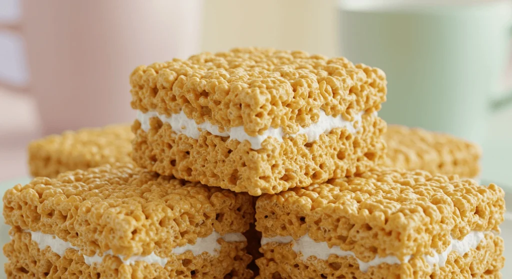 Close-up of marshmallow-filled Rice Krispie sandwich treats stacked on a plate.

