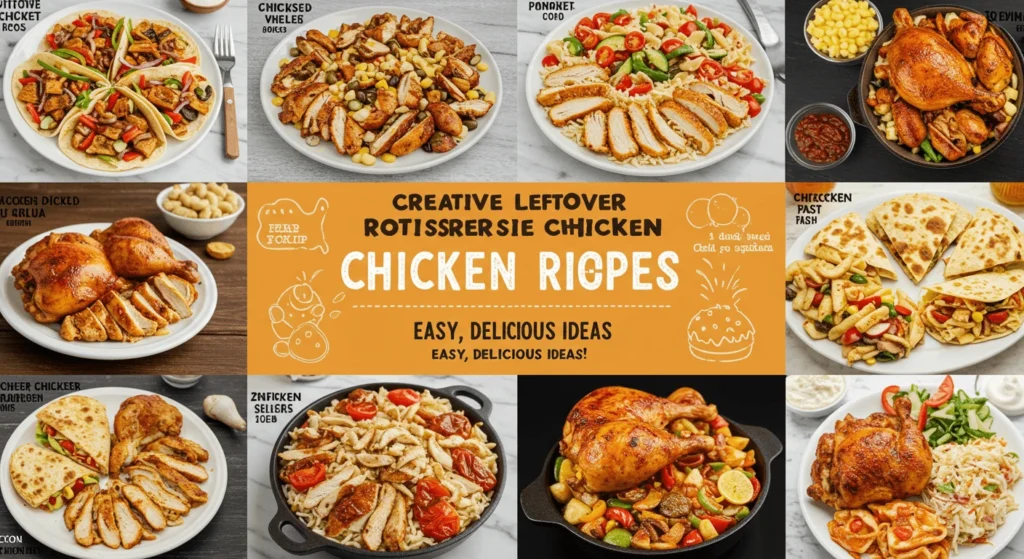 A collage showcasing various dishes made from leftover rotisserie chicken, including chicken tacos, sliced chicken over salad, chicken pastas, and whole rotisserie chickens on plates.