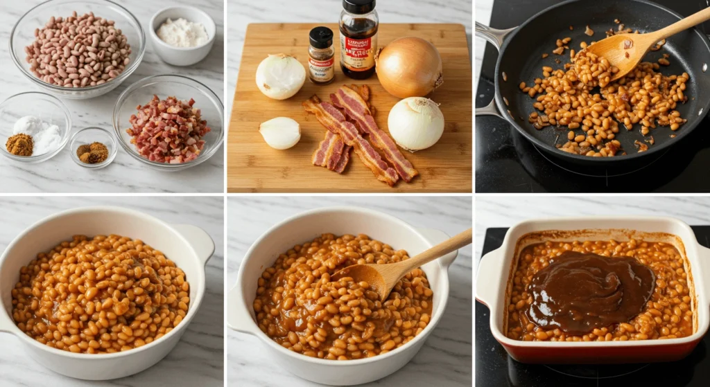 A six-step visual guide showing the preparation of baked beans with bacon.