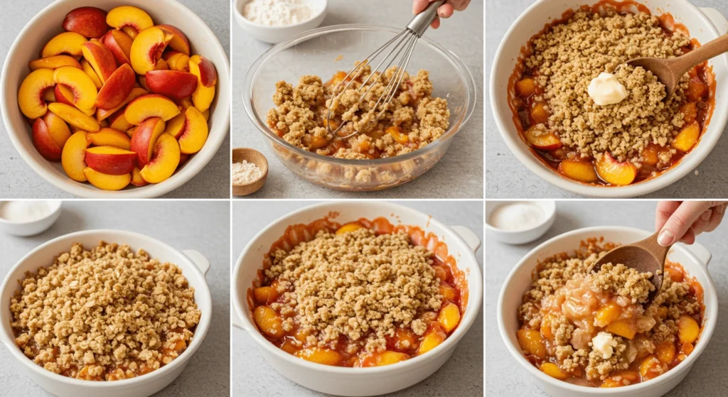 "Preparation sequence of a peach crumble in various stages."