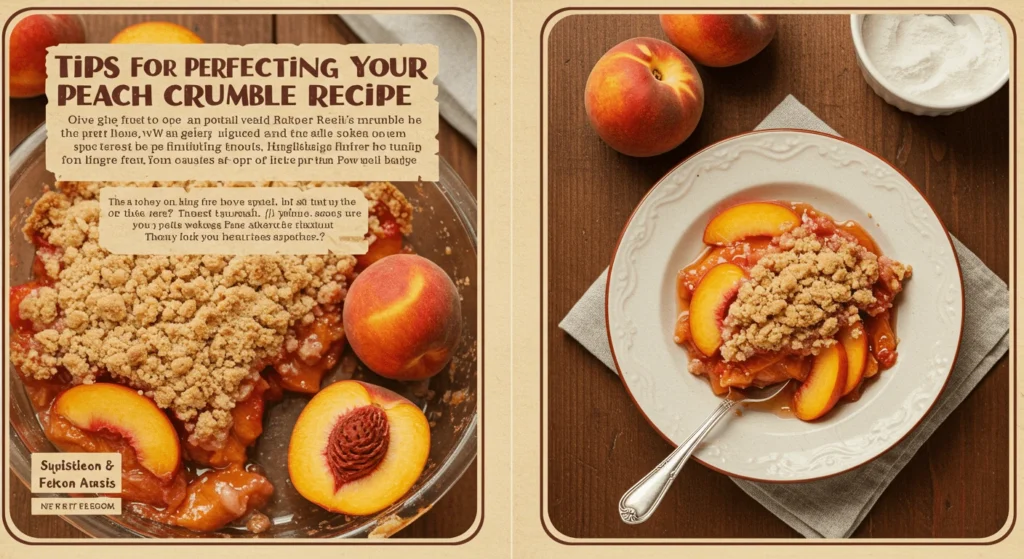 "A vintage-style poster with tips for perfecting a peach crumble recipe, next to an image of the final dish."