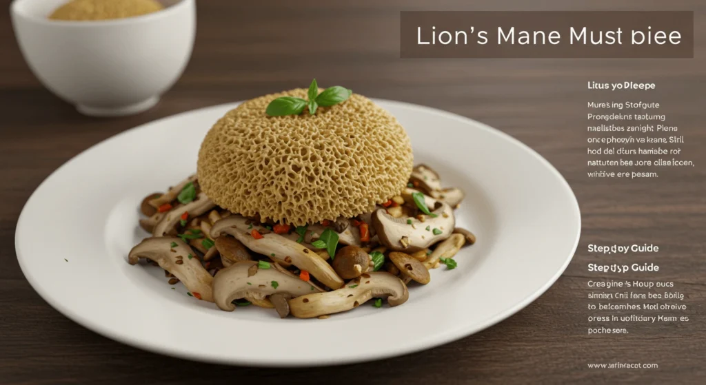 A gourmet dish featuring Lion's Mane mushrooms, arranged on a white plate with sliced mushrooms and colorful herbs, accompanied by a bowl of golden sauce on a wooden table.