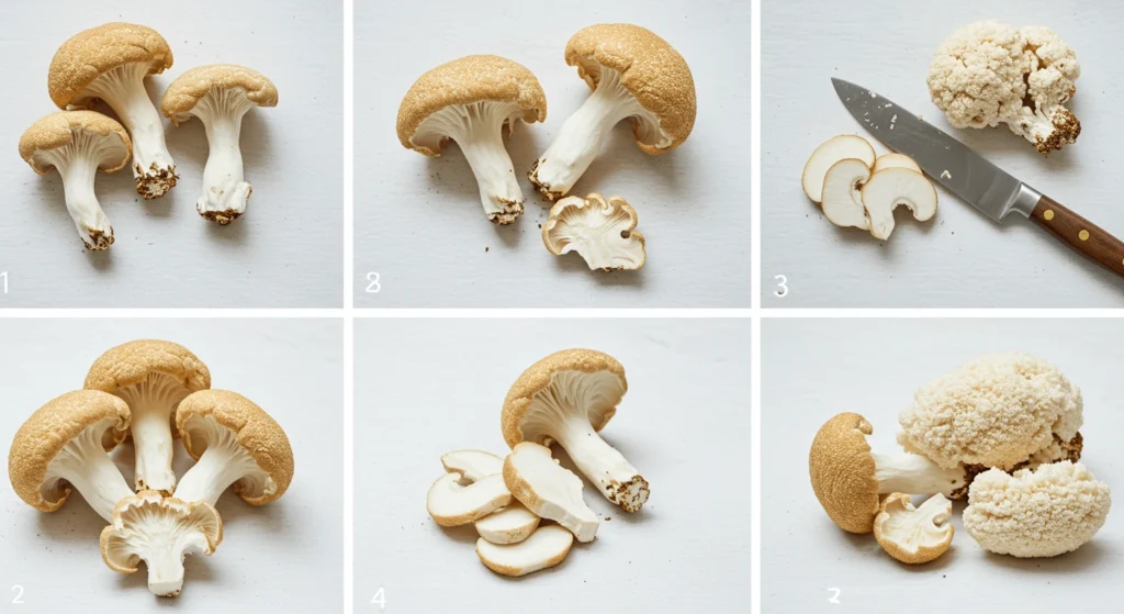 A collage of images showcasing various stages of preparing and presenting shiitake and Lion's Mane mushrooms on a white background.