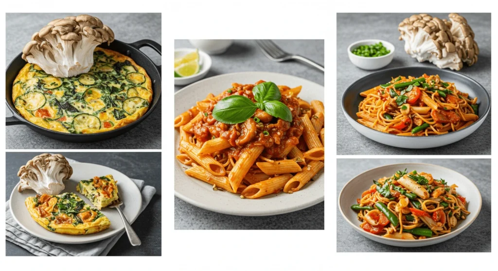 A collage of three dishes: a vegetable frittata with mushrooms, penne pasta with tomato meat sauce and basil, and stir-fried noodles with vegetables and squid.