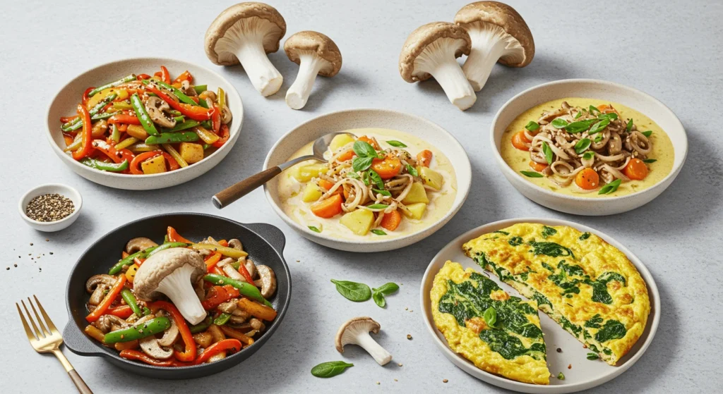 A selection of five dishes, including vegetable stir-fry, creamy vegetable soup, and spinach frittata, displayed on a neutral background with fresh mushrooms and seasoning.