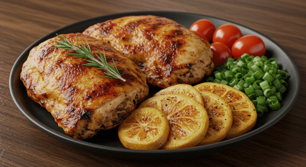 Grilled chicken breasts with caramelized lemon slices, cherry tomatoes, and chopped green onions on a dark plate.