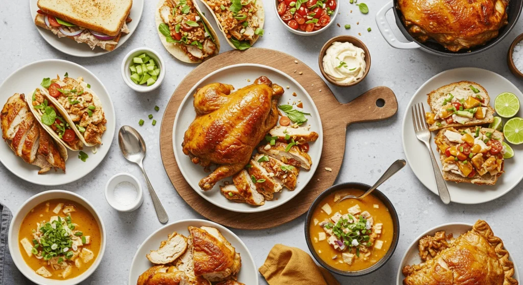 An assortment of dishes featuring roasted chicken, including sandwiches, tacos, a whole roasted chicken on a cutting board, chicken soup, and a chicken pot pie.