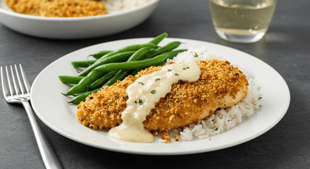 Breaded chicken breast over rice with green beans and a creamy sauce, accompanied by a glass of white wine.