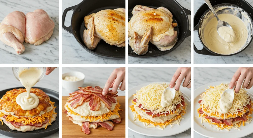 Step-by-step preparation of a chicken dish with bacon, cheese, and cream sauce.