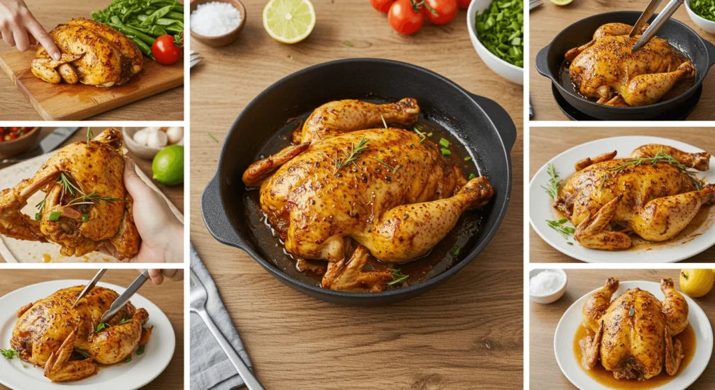 Collage of roasted chicken preparation steps, from seasoning to serving.