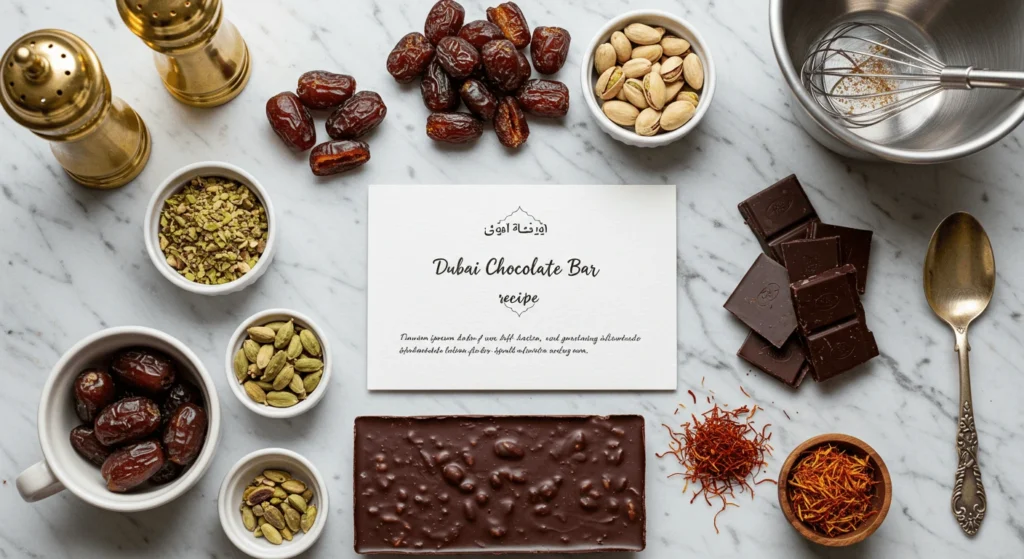 A variety of ingredients laid out on a marble surface for making a Dubai Chocolate Bar. Ingredients include dates, pistachios, cardamom pods, saffron, chocolate bars, and a recipe card titled "Dubai Chocolate Bar recipe".