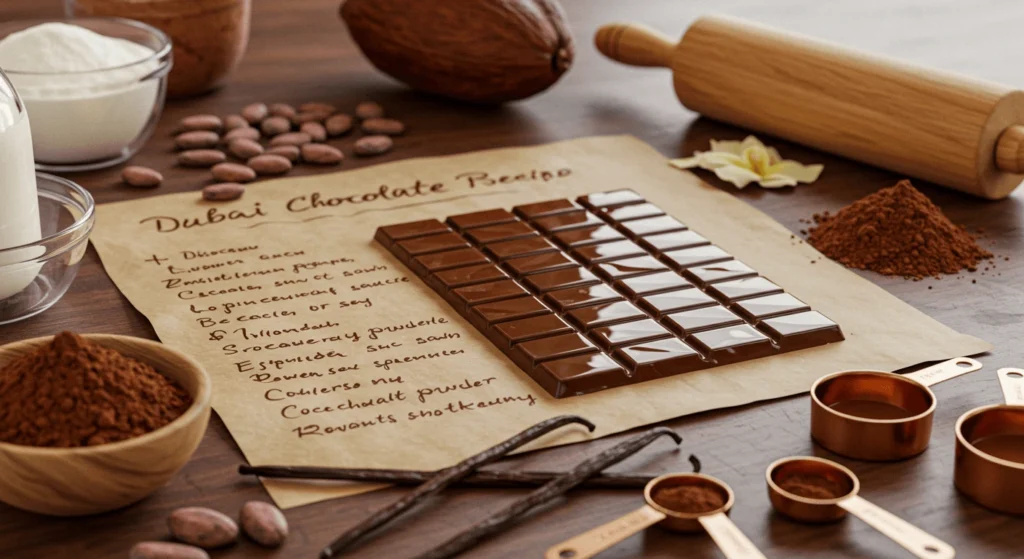 A rustic kitchen setup for preparing Dubai Chocolate, featuring ingredients like cocoa powder, milk, sugar, and a chocolate bar with a recipe written on a brown paper.