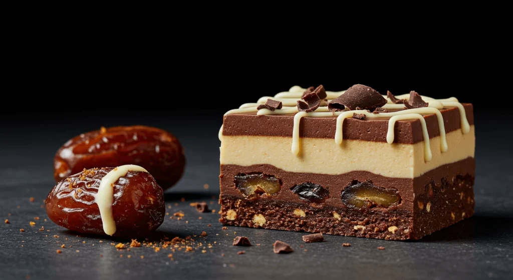 A decadent layered dessert bar with dates, drizzled with caramel and chocolate, presented with two glazed dates on a dark background.