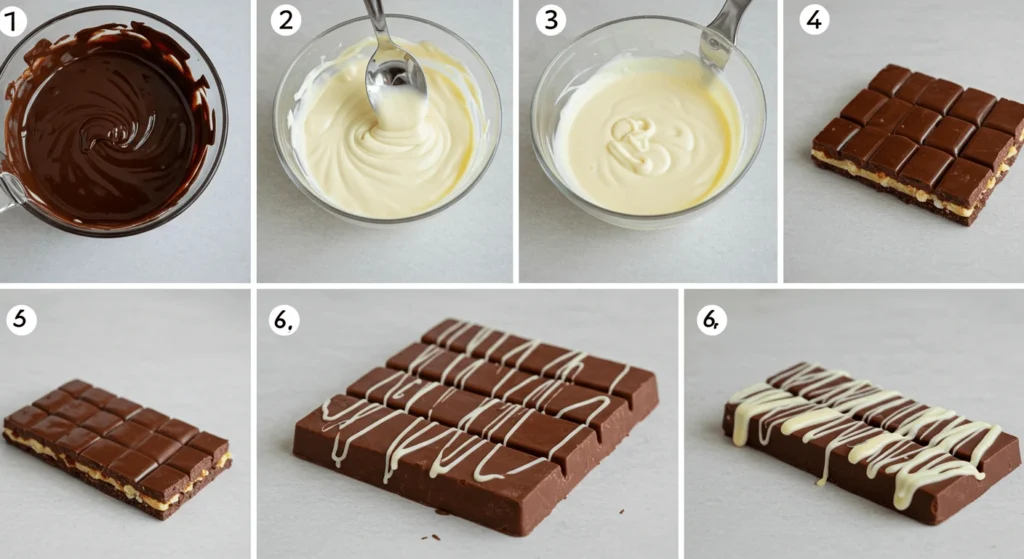 A step-by-step visual guide to making a layered chocolate dessert, from melting chocolate to the final decoration.