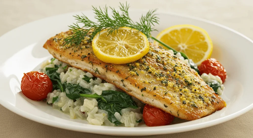 Grilled salmon fillet topped with lemon slices and dill, served with spinach and cherry tomatoes over risotto on a white plate.