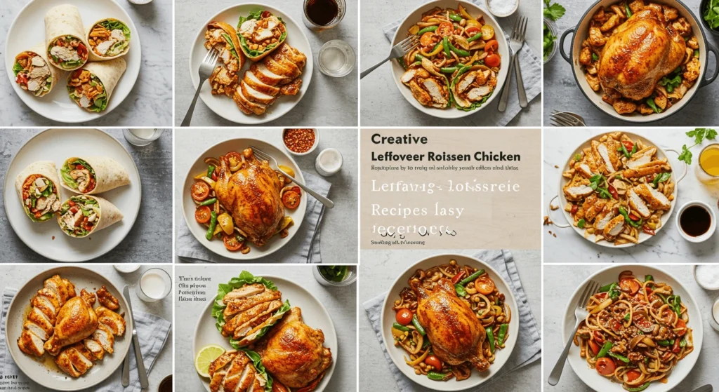 A collection of dishes utilizing leftover roast chicken, including wraps, plated chicken with vegetables, whole roasted chickens, and pasta dishes.