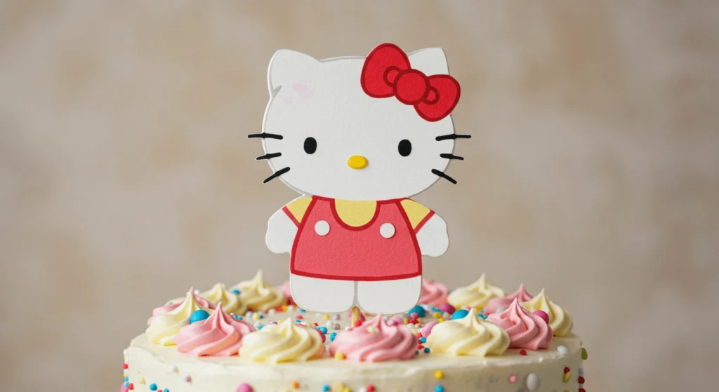 A Hello Kitty cake topper on a cream-colored cake decorated with pastel-colored swirls and sprinkles.