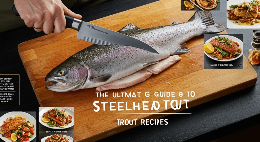 A person holding a chef's knife above a whole steelhead trout on a wooden cutting board, with images of trout recipes displayed on the right.