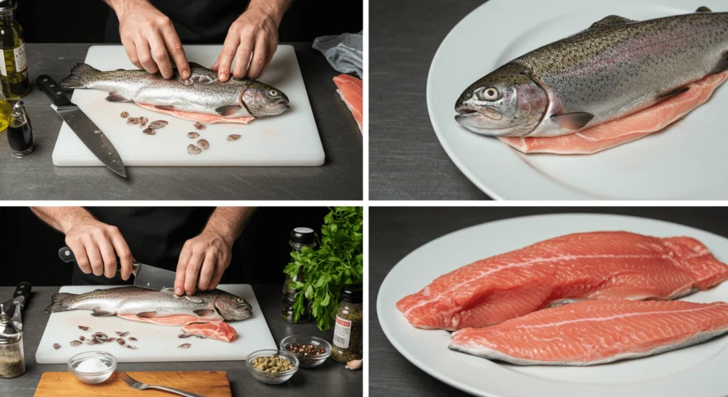 A four-part sequence showing the preparation of a trout from whole fish to fillets on a kitchen counter with various cooking utensils.