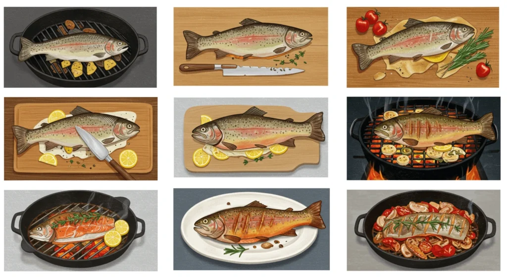 A series of six illustrations depicting various methods of preparing and cooking trout, from raw on cutting boards to grilled and served with vegetables.