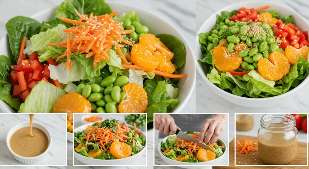 A montage of images displaying the preparation of a citrus and edamame salad with ginger dressing.