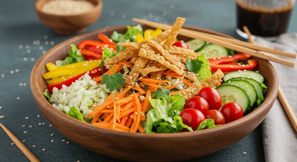  A colorful Asian-inspired salad with mixed vegetables, crispy wonton strips, and sesame seeds in a wooden bowl.