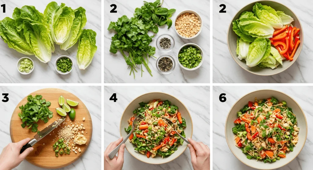 A step-by-step image series showing the preparation of a fresh salad with lettuce, herbs, and peanuts.