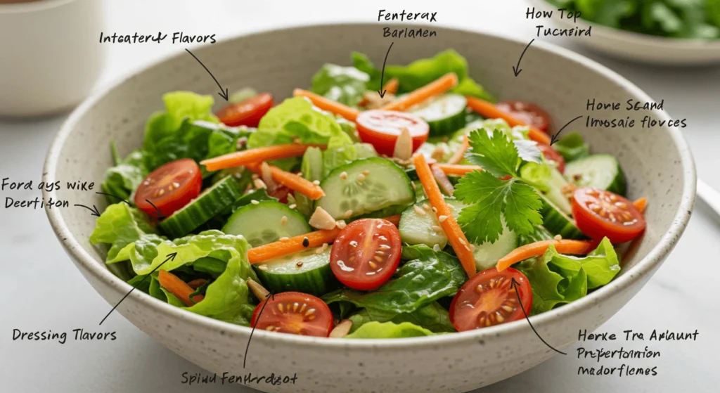 A detailed image of a fresh salad with labels pointing to various ingredients and flavor descriptions.