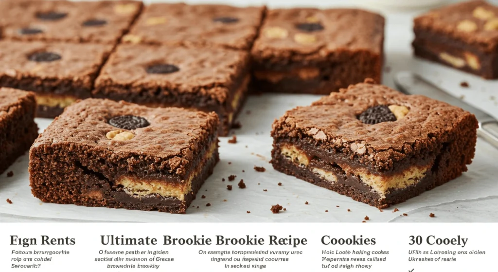 A variety of freshly baked brookie squares displayed on a parchment paper, featuring rich, fudgy brownie layers with embedded chunks of cookie dough.