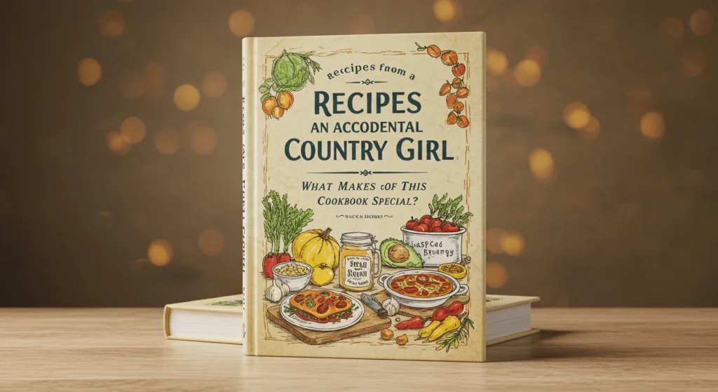 "Cover of the cookbook 'Recipes from an Accidental Country Girl' featuring illustrated food items like pizza, vegetables, and bread, with the spine showing stacked ingredients."