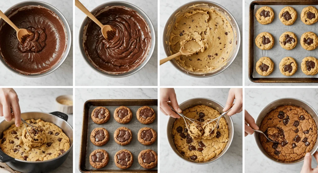 A step-by-step visual guide to making brookies, showing stages from mixing brownie and cookie dough to baking the finished products.