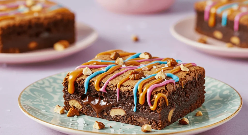 A slice of brookie topped with vibrant multi-colored icing, caramel drizzle, and walnuts, served on a decorative plate.