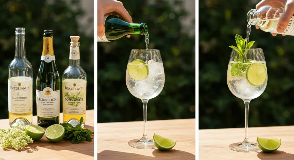 "Three stages of preparing a refreshing elderflower cocktail: selection of ingredients including elderflower cordial and soda water, pouring sparkling wine into a glass with ice, and the final cocktail garnished with lime slices and mint."