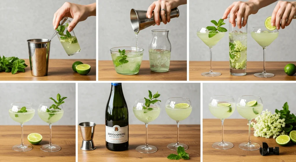 "A sequence of six images showing the preparation of a mint and lime cocktail, from mixing ingredients in a shaker to serving in elegant glasses."