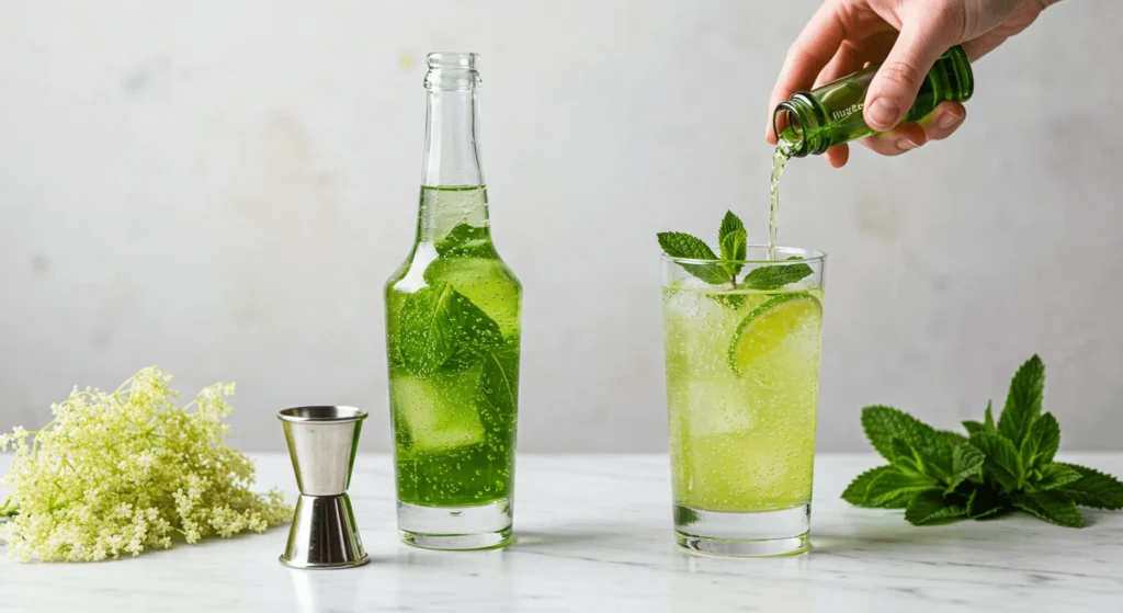 "Pouring a mint-infused green drink from a bottle into a glass garnished with lime slices and mint leaves, with elderflower blossoms and a cocktail jigger on the side."