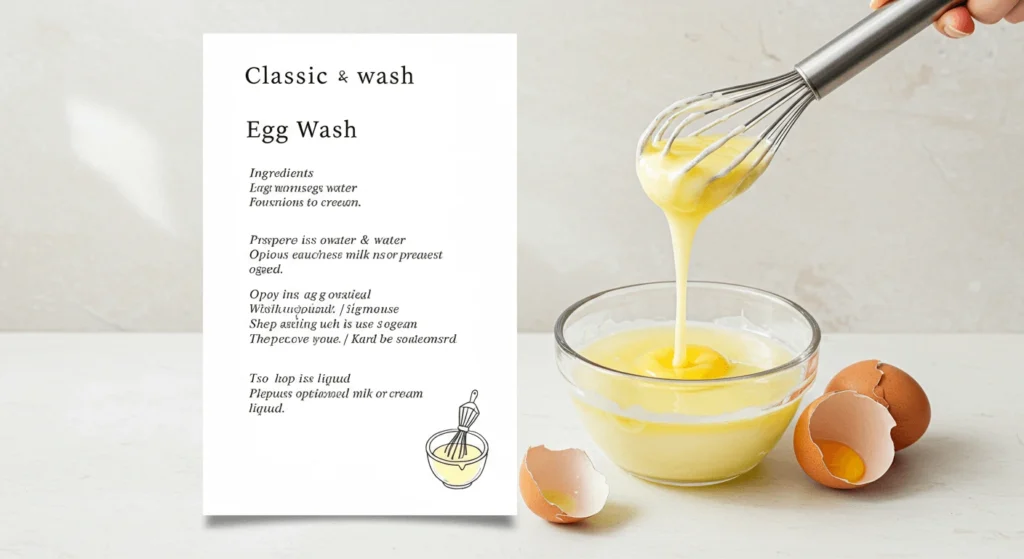 A cooking scene displaying the preparation of an egg wash. A person's hand whisks a bright yellow mixture in a glass bowl, with eggshells nearby. To the left, a recipe card titled "Classic & wash: Egg Wash" lists ingredients and preparation methods, though the text includes typographical errors.