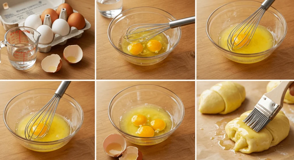 A step-by-step collage showing the preparation of an egg wash. The top-left image features eggs in a carton and a measuring cup with eggshells nearby. The sequence progresses to show eggs being whisked in a glass bowl, the mixture becoming homogeneous, and finally, the egg wash being applied to dough with a pastry brush.