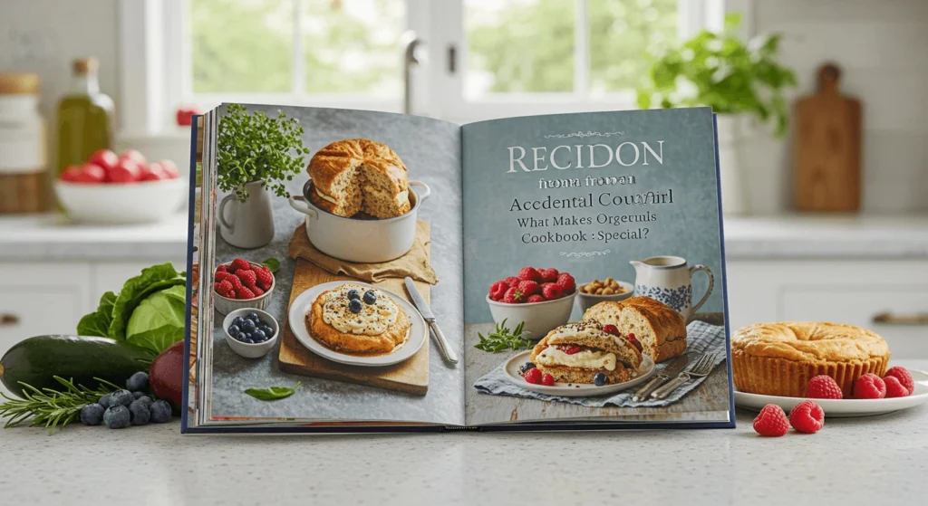 "Open cookbook displaying recipes on a kitchen counter, surrounded by fresh ingredients like blueberries, raspberries, and a loaf of bread."