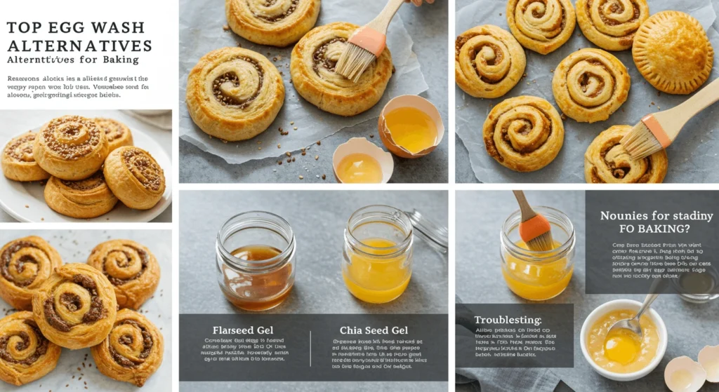 A visual guide showcasing top egg wash alternatives for baking, with images of various gels like flaxseed and chia seed, alongside pastry applications. Each panel contains a brief description of the alternative washes and their benefits, with images of pastries and gels clearly displayed.