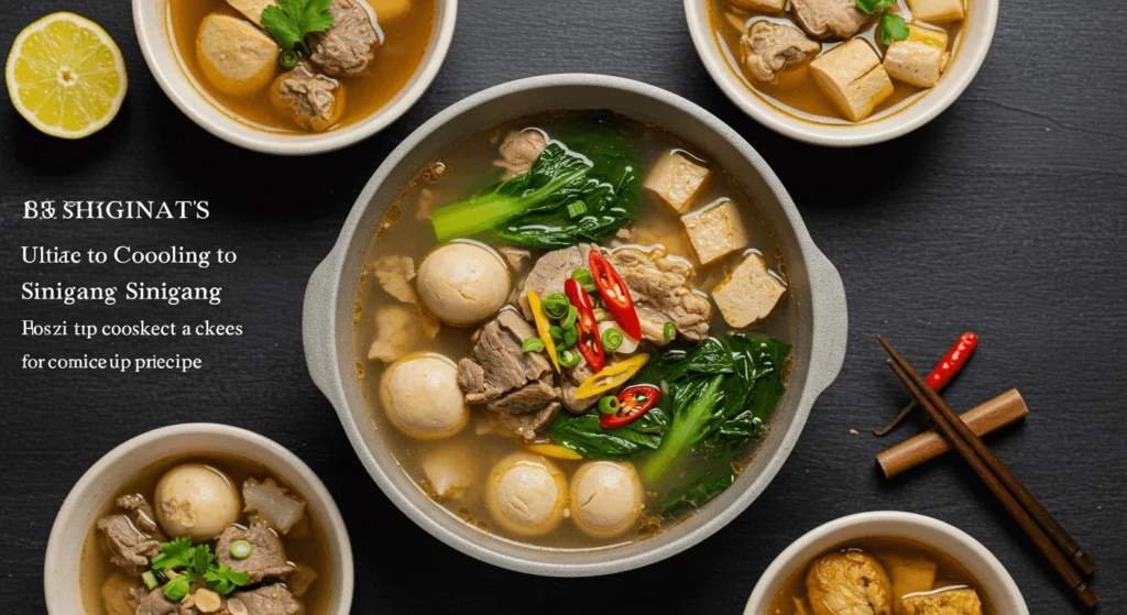 A spread of various Sinigang dishes featuring meat, vegetables, tofu, and eggs in clear broth, garnished with chili peppers and served in bowls.