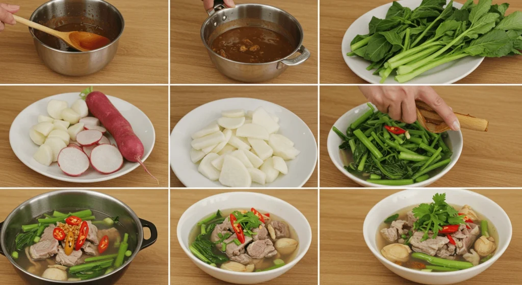 A step-by-step guide showing the preparation of a flavorful soup, including making broth, chopping vegetables, and garnishing with fresh ingredients.