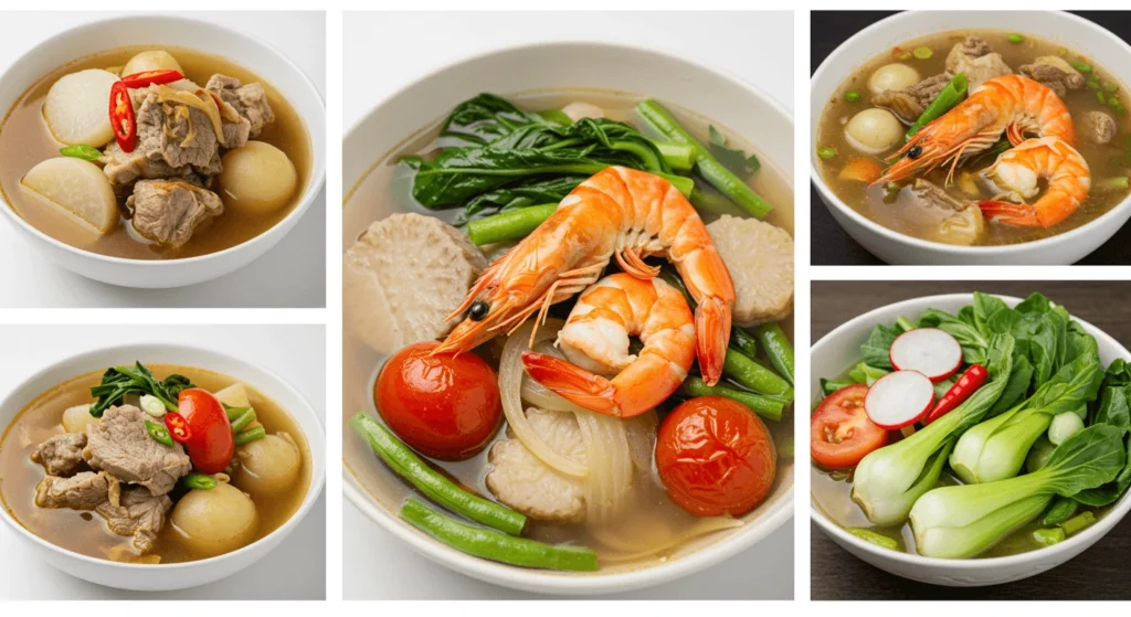 A variety of bowls of soup featuring shrimp, beef, vegetables, and garnishes like chili peppers, tomatoes, and radishes, showcasing colorful and flavorful dishes.