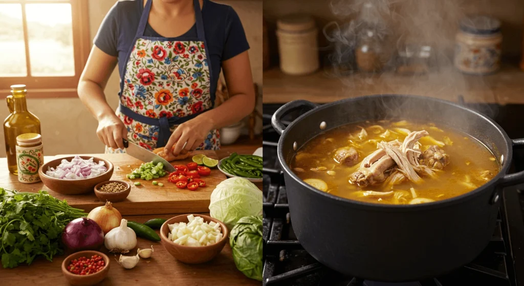 A person preparing ingredients for a soup, chopping vegetables like onions, tomatoes, and peppers on a wooden counter, with a pot of steaming soup in the background.