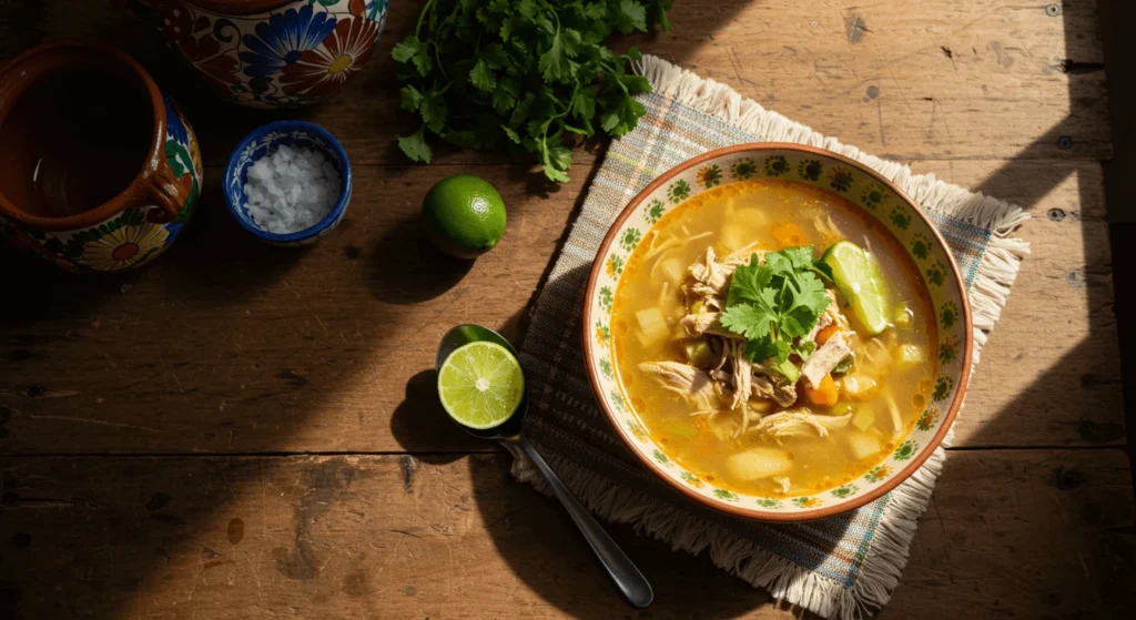 A bowl of steaming homemade soup garnished with cilantro and lime slices, with salt and lime on the side, on a rustic wooden table.