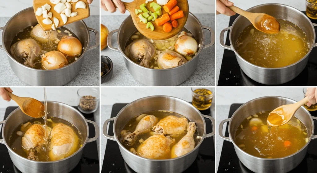 Step-by-step images of making homemade chicken soup, adding garlic, onions, carrots, and seasoning to the pot.