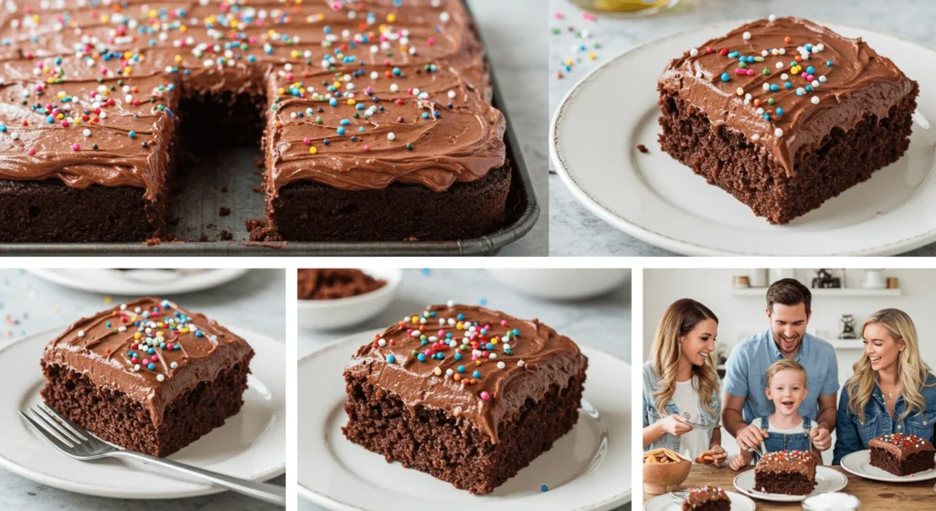 A chocolate cake with colorful sprinkles on top, cut into a square, with a family enjoying it together.