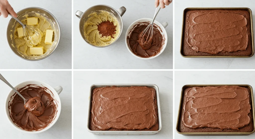 Steps of baking a chocolate cake, including mixing butter and frosting, and spreading the frosting on the cake.