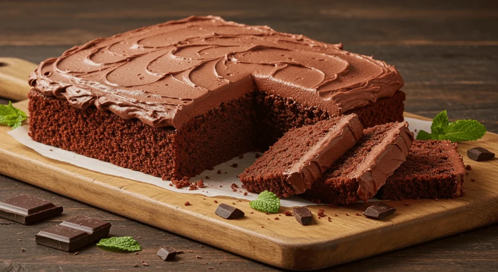 A freshly baked chocolate cake with frosting, with a slice cut and mint leaves garnishing the plate.