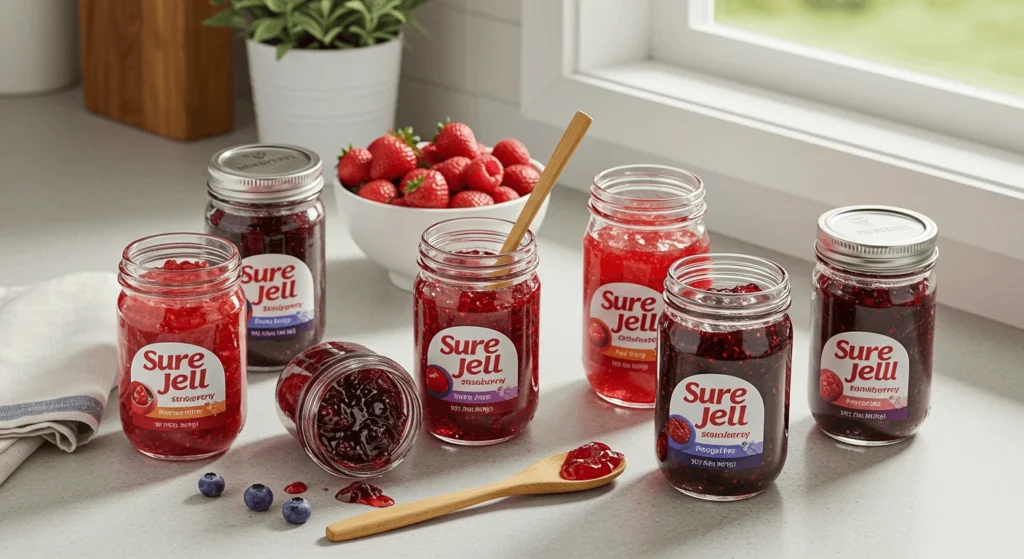 Various jars of homemade fruit jam including strawberry, cranberry, and pomegranate displayed on a kitchen counter near a window.